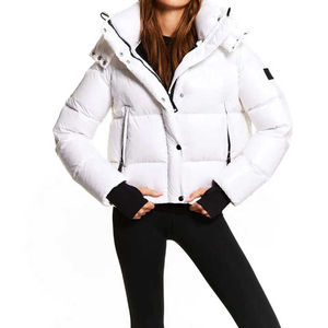 Chaqueta Acolchada Blanca con Capucha Desmontable, Cierre de Cremallera en las Mangas Completas, Abrigo de Invierno para Mujer, Corto, Grueso, con Relleno de Poliéster - Product Image 1
