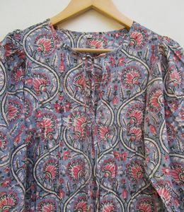 Nouveautés Mini robe longue en coton imprimé fleuri indien Encolure Henley avec des cravates en coton Mini robe pour femmes - Product Image 2