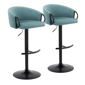 Set Claire di 2 Sgabelli da Bar Contemporanei Regolabili in Metallo Nero e Velluto Azzurro con Poggiapiedi Rotondo a T Girevole - Product Image 1