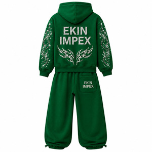 Sweat à capuche zippé intégral et pantalon de jogging ample à jambe large pour hommes et femmes, 100% coton premium, vert forêt, avec motif étoile et flamme en strass cristal - Product Image 4