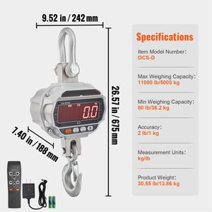 Bilancia Digitale per Gru da 5000 kg (11000 libbre) Industriale per Carichi Pesanti con Telecomando, Cassa in Alluminio Pressofuso e Display LED - Product Image 6