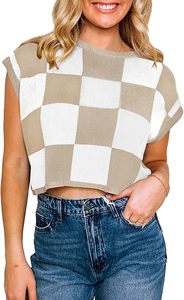 SAJZA Women's Casual Breathable Plaid Jacquard Sleeveless Short Vest Summer Thin Color <b>Block</b> Knit Shirt Anti-Pilling Knitted - Product Image 3