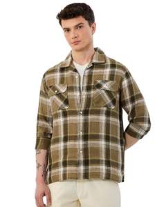 Men Olive Green And Beige Plaid Cotton Flannel <b>Shirt</b> Long Sleeve <b>Button</b> Down Casual Winter Checked <b>Shirt</b> OEM Factory Fit Wear - Product Image 1