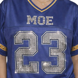 Maillot de football pour femme en maille à strass, col en V, coupe oversize, style streetwear, avec numéro scintillant, personnalisable pour équipes sportives - Product Image 2