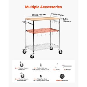 Carrello di Servizio Portatile a 3 Ripiani Regolabili in Filo Metallico Resistente con Piano in Legno e Maniglia, per Cucina e Utilità - Product Image 5