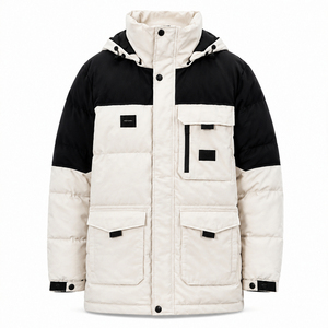 <b>Men's</b> Color Blocking <b>Puffer</b> Jacket With Hood Stand Collar Thick Winter <b>Coat</b> <b>Long</b> Loose Fit Windproof Polyester Outerwear - Product Image 1