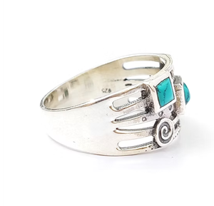 Bague artisanale en argent 925 et turquoise, large bande multi-lignes, magnifique pierre précieuse carrée, style western bohème - Product Image 3