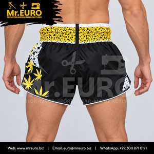 Custom <b>Men</b> <b>Black</b> Yellow Sublimation Front Customizable Muay Thai <b>Shorts</b> Quick Dry Breathable MMA Kickboxing 100% Polyester 160g - Product Image 5