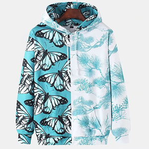 Sudadera con Capucha y Cremallera Unisex, Estampado de Mariposas y Pinos, Corte Regular, Informal, para Primavera, Transpirable, Tejida, 100% Poliéster - Product Image 1