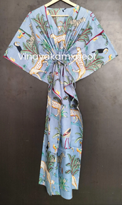 Exquisite Hand-Printed Blue Cotton Casual Midi Kaftan <b>Dress</b> <b>Whimsical</b> Jungle Safari Animal Motifs Including Zebras Leopards - Product Image 4