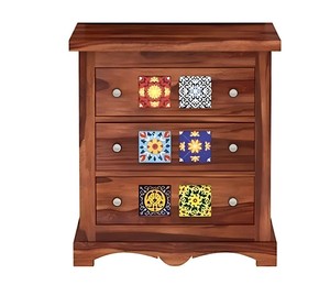 Commode à 3 tiroirs en bois massif avec incrustation de carreaux de céramique |   Table de chevet traditionnelle |   Meubles de maison en gros - Product Image 5