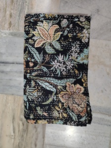 Handmade Kantha Quilt Reversible Floral Print Cotton <b>Bedspread</b> Black Multi Color Decorative Blanket for Women Adults gift - Product Image 1