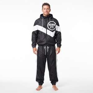 Conjunto Deportivo para Hombre Hawk Eye, Chaqueta Cortavientos con Capucha y Pantalones en Color Negro con Bloques de Color - Product Image 1