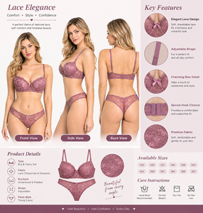 Ensemble soutien-gorge push-up à armatures et string sans couture pour femme, motif floral, en Spandex/Coton, violet – Élégance en dentelle avec bretelles réglables - Product Image 5