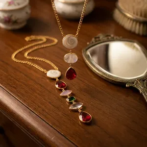 Vintage Gold Plated Brass Pendant Necklace with <b>Link</b> Chain and Quartz Stones for Women Party Jewelry - Product Image 3