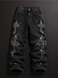 Jean baggy en denim noir à strass pour homme, style streetwear, coupe large - Product Image 4