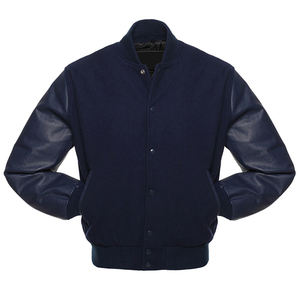 Blouson universitaire OEM 2026 en laine bleu foncé avec manches en cuir noir pour homme – 100 % haute qualité, faible MOQ, sur mesure, pour l'hiver - Product Image 1