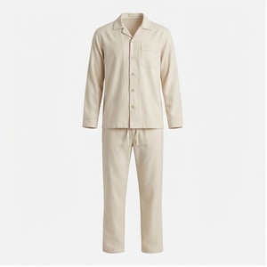 Cream Solid Color Long Sleeve Pajama Set with Button Front and Drawstring Pants - Product Image 1
