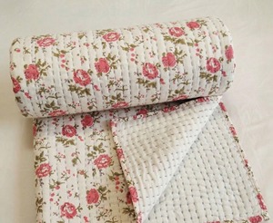 Traditional Cotton Indian Kantha Quilt Set Hand Printed and Stitched White Bedcover for Winter Seasonal Comfort - Product Image 4