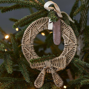 Natural Woven Rattan <b>Christmas</b> Wreath Ornament Featuring Fabric Bow Strap And Leather Tag For Holiday <b>Tree</b> Hanging Display - Product Image 2
