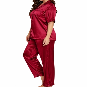 Conjunto de pijama de satén de color sólido para mujer, manga corta, con botones, ropa de dormir de seda, traje de dormir de lujo para uso diario. - Product Image 3