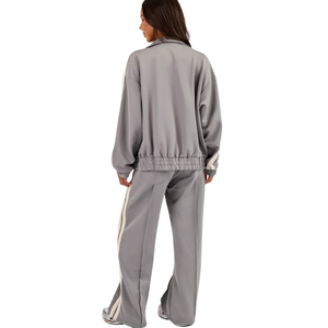 Women Oversized Full <b>Zip</b> Tracksuit Set Stand Collar Sweatshirt <b>Side</b> Stripe Wide Leg <b>Trousers</b> Relaxed Two Piece Streetwear Outfit - Product Image 2