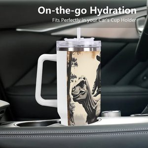 Vaso Térmico Personalizado de 40 oz, Taza de Viaje de Acero Inoxidable con Diseño de Vaquero Montando a un Dinosaurio - Product Image 3
