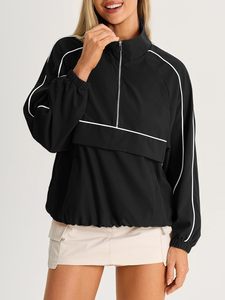 <b>Black</b> Quarter-Zip Racer Jacket With White Trim Sporty Loose Fit Breathable Polyester Women's <b>Windbreaker</b> Spring Wear - Product Image 6