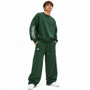 Ensemble de sweats à capuche et pantalons à jambes larges personnalisés, imprimés, à col ras du cou, avec poche poitrine, en coton épais, tenue décontractée de luxe - Product Image 2
