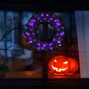 Ghirlanda di Halloween Pre-Illuminata da 24 Pollici con 35 Luci LED Viola, Decorazione Premium per Halloween - Product Image 1