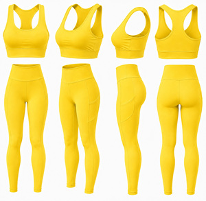 Ensemble de soutien-gorge de sport jaune et leggings pour femmes, taille haute, vêtements de sport, yoga, fitness, tenue deux pièces - Product Image 4