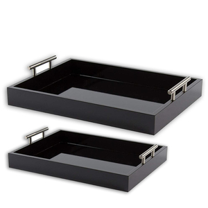 Plateau de service rectangulaire moderne en bois laqué noir de luxe avec poignées métalliques, plateau de table basse ottoman, organisateur décoratif - Product Image 3