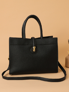 Sac fourre-tout élégant en PU noir, couleur unie, fermeture à fermoir, usage quotidien, toutes saisons, sac à main pour femme, sac fourre-tout en cuir véritable, couleur unie - Product Image 1