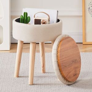 Poggiapiedi Imbottito Multifunzionale Moderno con Gambe in Legno, Sgabello da Toeletta in Lino con Vassoio e Vano Portaoggetti per Hotel, Materiale MDF - Product Image 1