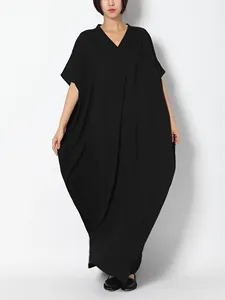 Women Black V-Neck Cotton Linen Maxi <b>Dress</b> With Short Sleeve <b>Loose</b> Fit Summer Boho Style Casual Daily Wear - Product Image 3