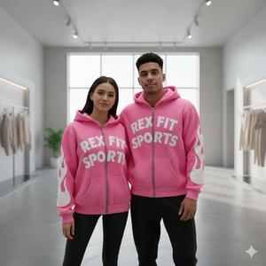 เสื้อฮู้ด Rex Fit สีชมพู แบบซิป ยูนิเซ็กส์ ทรงปกติ ผ้าฝ้ายเฟรนช์เทอร์รี่ สไตล์สปอร์ต มีกระเป๋าและลายเปลวไฟ - Product Image 1