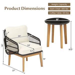 Juego de muebles de patio de madera de acacia de 3 piezas con sillas de mimbre acolchadas y mesa auxiliar de vidrio templado - Product Image 5