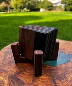 <b>Personalized</b> Custom Engraved Coaster <b>Set</b> Wood and Travertine Marble Mats for Wedding Housewarming Holiday <b>Gifts</b> - Product Image 2