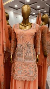 New Fashionable Embroidered <b>Sequin</b> Work Sharara Set Top Dupatta Heavy Chinnon <b>Material</b> Salwar Kameez Party Wear Readymade - Product Image 3