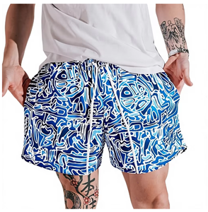 <b>Men</b> Blue Geometric Print Board Shorts Mid Waist Drawstring Quick Dry Swim <b>Trunks</b> with Pockets Casual Style - Product Image 1