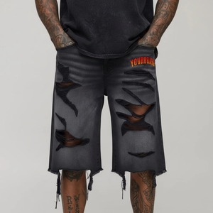 YOURBRAND Short Bermuda en jean déchiré brodé uni pour homme, taille mi-haute, cordon élastique, short décontracté écologique - Product Image 3