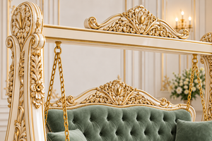 Classic White & Gold <b>Wooden</b> <b>Swing</b> with Comfortable Tufted Seating Modern Style Teak Wood Jhoola/Onjhal Floor Standing <b>Swing</b> USA - Product Image 5