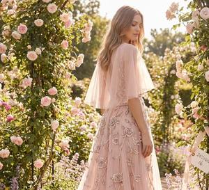 Robe de soirée formelle style féerique romantique pour invitée de mariage, col en V, en maille rose brodée de fleurs, manches papillon - Product Image 1