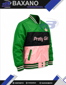 อัลฟ่า |   คาปา |   เสื้อแจ็คเก็ตครอปปักลายสำหรับผู้หญิง Alpha Sorority ชุดกีฬายูนิฟอร์มกรีกสไตล์วินเทจ สีเขียวและชมพู - Product Image 5