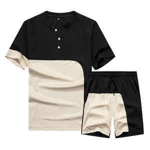 Custom Color Block Henley <b>T</b> <b>Shirt</b> Shorts Set Cotton Summer Outfit Unisex OEM Private Label Casual Streetwear Ready Set - Product Image 5