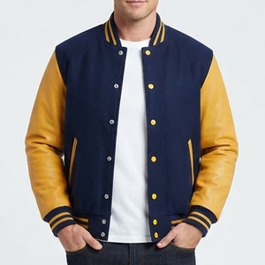 Chaqueta Varsity Azul Marino Personalizada para Hombre, con Mangas de Cuero Color Bronceado, Cierre de Botones a Presión, Cuello Alto, Abrigo de Invierno - Product Image 1