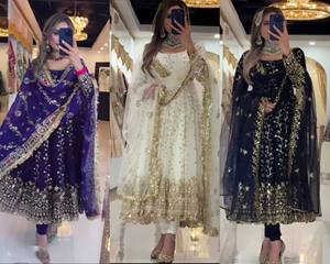 Ensemble de robe Anarkali en faux georgette de qualité supérieure pour femmes avec broderie de paillettes, pantalon Chudi et dupatta de créateur - Product Image 6