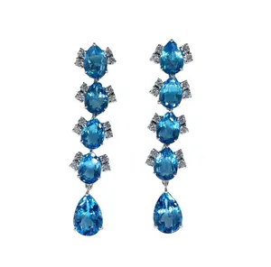 High Quality Sterling Silver 925 Custom made Low MOQ Supplier Wholesaler Gemstones Blue Topaz Chain Long Drop Dangler Earrings