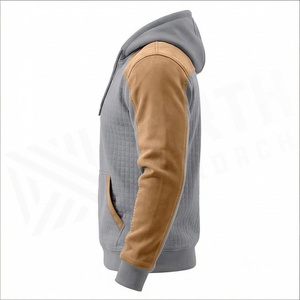 Men's Gray And Tan <b>Raglan</b> Sleeve Hooded Fleece Sweatshirt With Front Pocket Casual Autumn Wear Regular Fit - Product Image 1