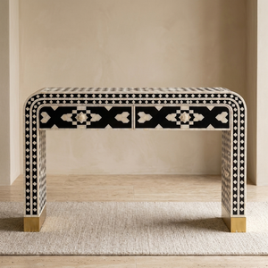 Console en os incrusté, table en os incrusté avec 2 tiroirs de rangement, console pour salon, table console en bois - Product Image 1